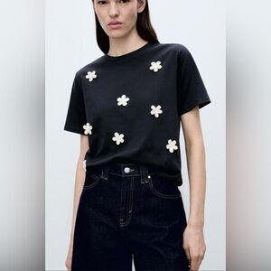 Mango Navy Blue Crochet Flower Appliqué Cropped Tee Boho New M